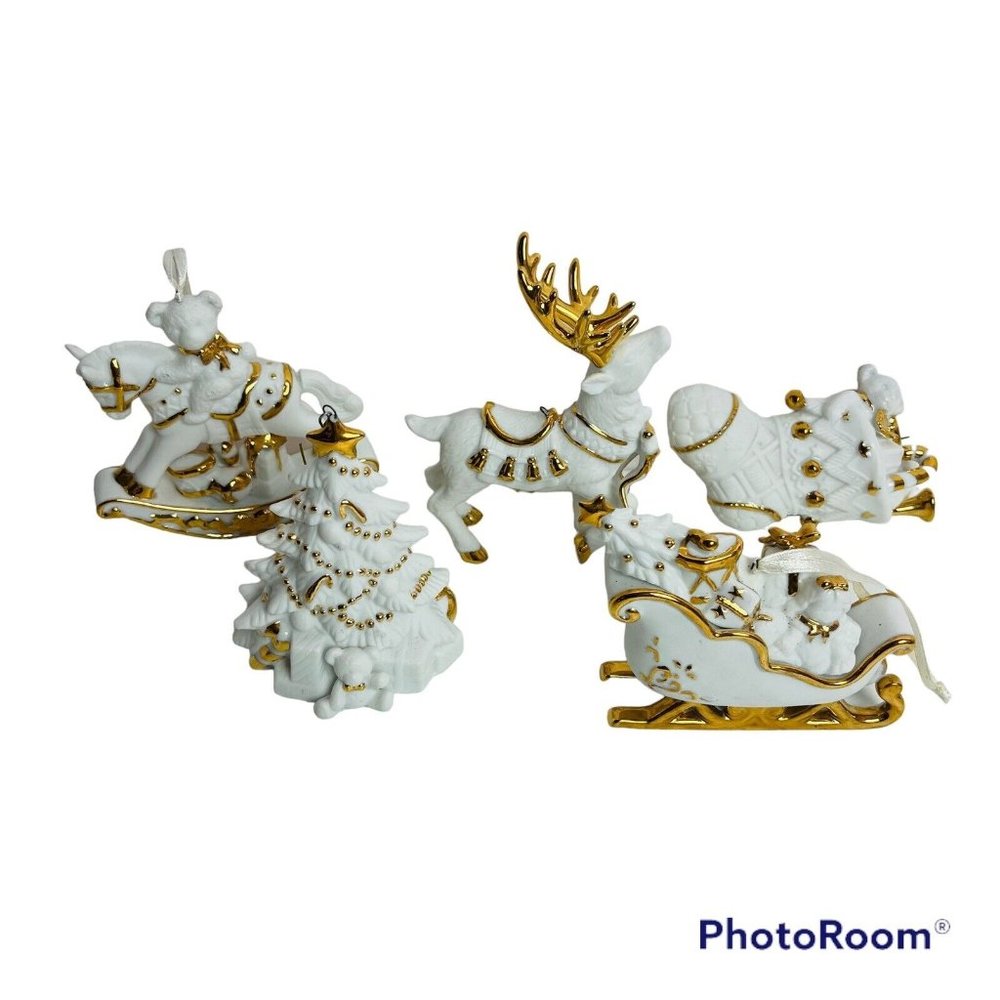Lot if 5 White Biscque Gold Trim Christmas Ornaments Holiday Tree Horse Sled